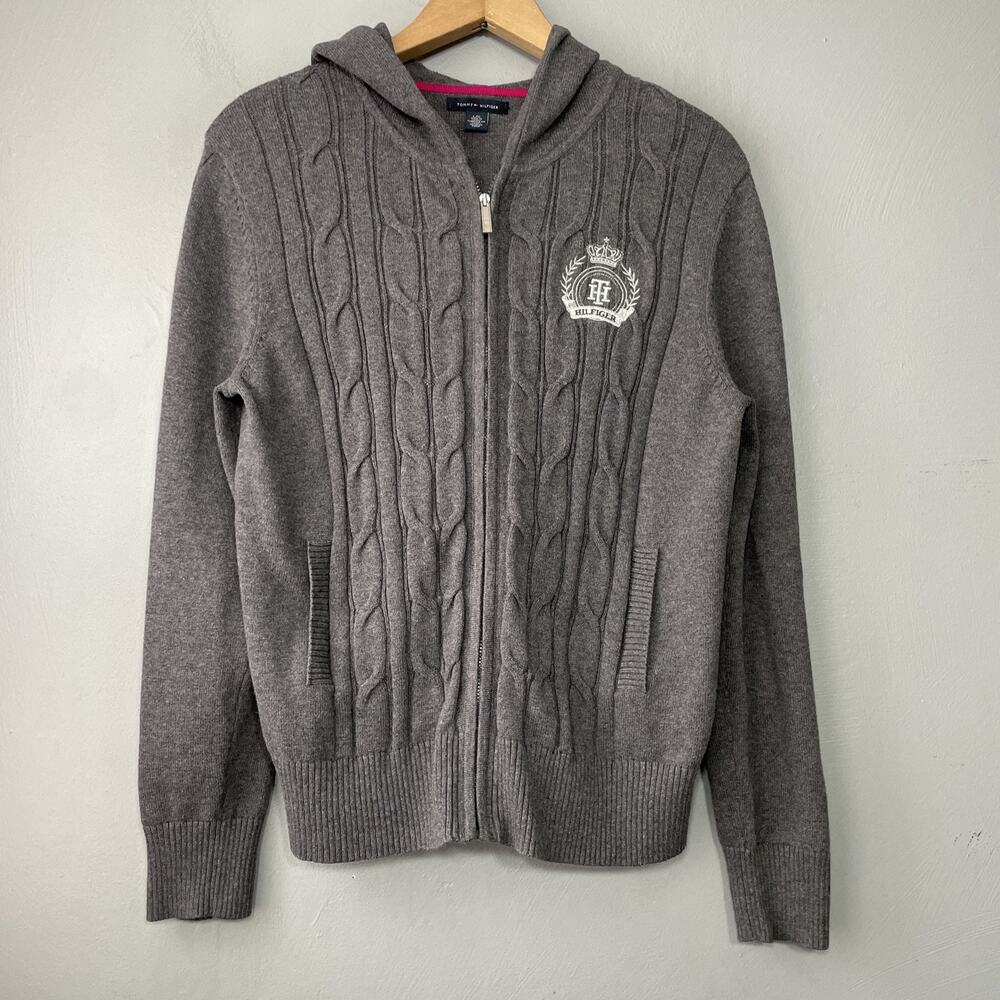 Tommy Hilfiger Cardigan Size Large Gray Cable Knit Preppy Sweater Academia Y2K